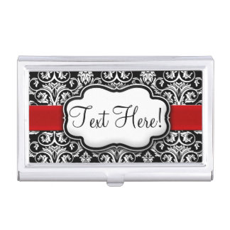 Chic Black/White Damask Red Ribbon Business Card Case