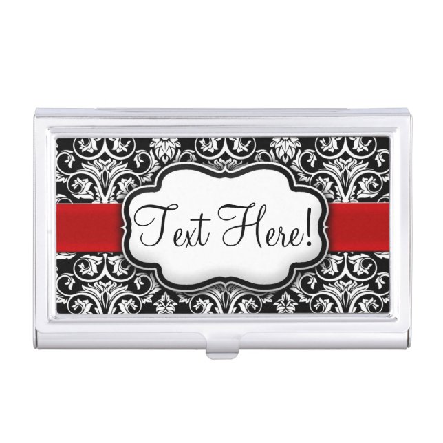 Chic Black/White Damask Red Ribbon Business Card Case (Front)