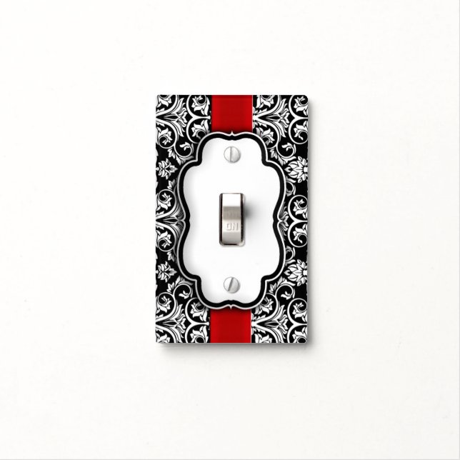 Chic Black/White Damask Red Ribbon Light Switch Cover (In Situ)
