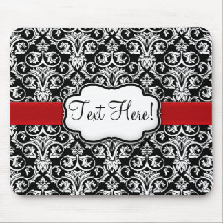 Chic Black/White Damask Red Ribbon Mouse Pad