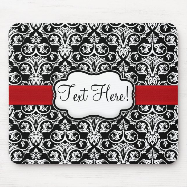 Chic Black/White Damask Red Ribbon Mouse Pad (Front)