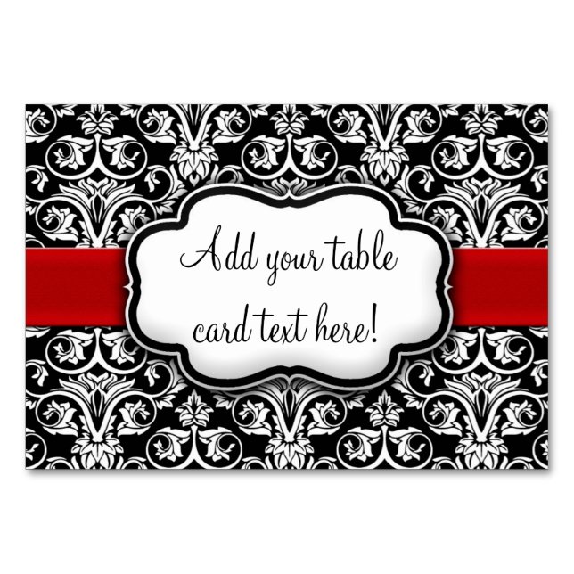 Chic Black/White Damask Red Ribbon Table Number (Front)