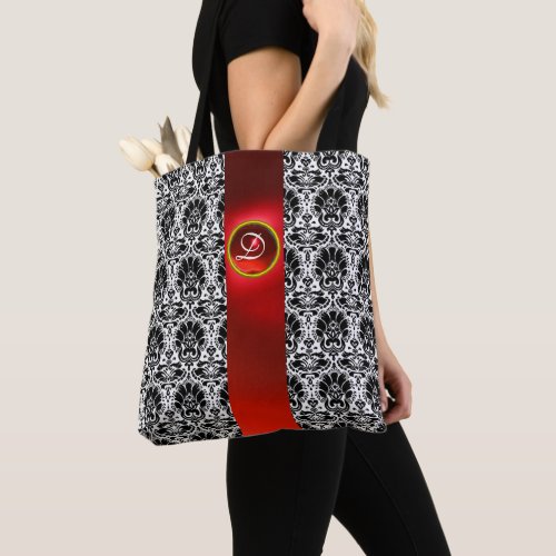 CHIC BLACK WHITE DAMASK RED RUBY GEMSTONE MONOGRAM TOTE BAG