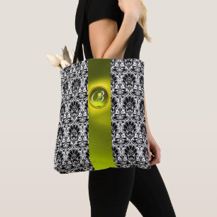 CHIC BLACK WHITE DAMASK ,YELLOW GEMSTONE MONOGRAM TOTE BAG