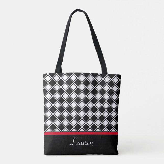 Chic black, & white diamond geometric shape tote bag (Back)