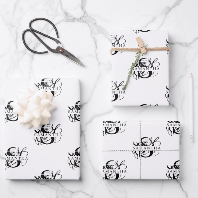 Chic Black & White Distressed Script Monogram Wrapping Paper Sheets (Front)