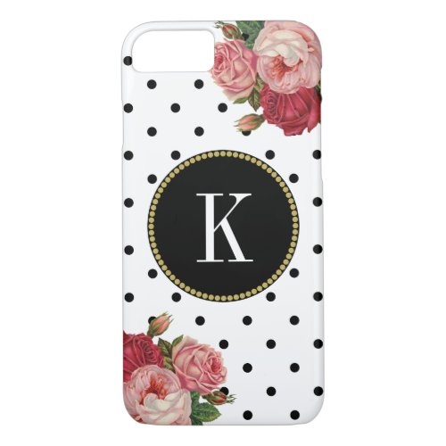 Chic Black White Dots Vintage Floral Gold Monogram iPhone 87 Case