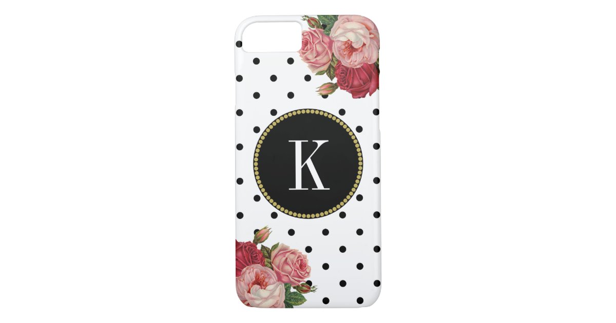 Chic Black White Dots Vintage Floral Gold Monogram CaseMate iPhone