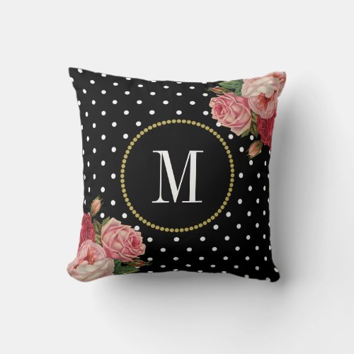 Chic Black White Dots Vintage Floral Monogram Throw Pillow