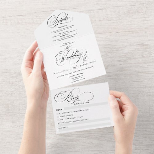 Chic black white elegant calligraphy wedding all in one invitation - Chic black white elegant classic call in one calligraphy wedding invitation with rsvp, accommodations, details, and more info. With a beautiful brush calligraphy script