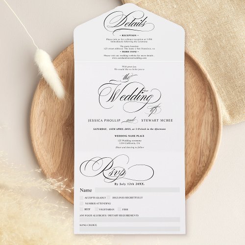 Chic black white elegant calligraphy wedding all in one invitation