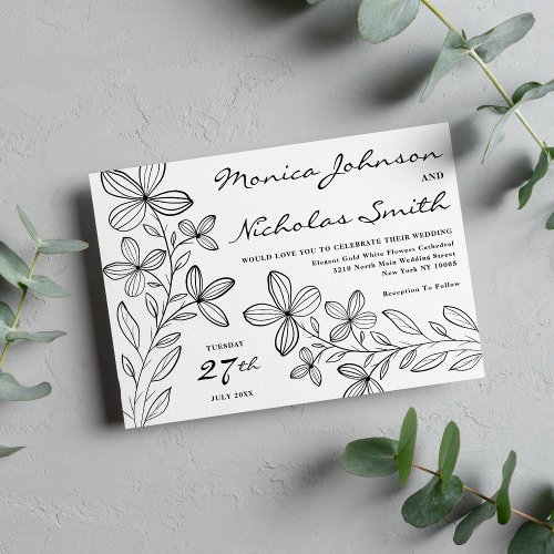 Chic black white elegant hand drawn floral wedding invitation