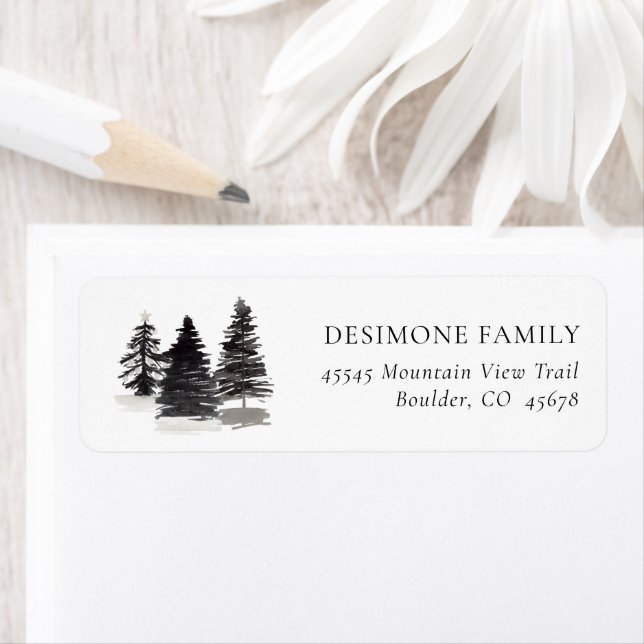 Chic Black White Evergreen Tree Return Address Label (Insitu)