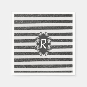 Chic black white faux glitter stripes monogram napkins