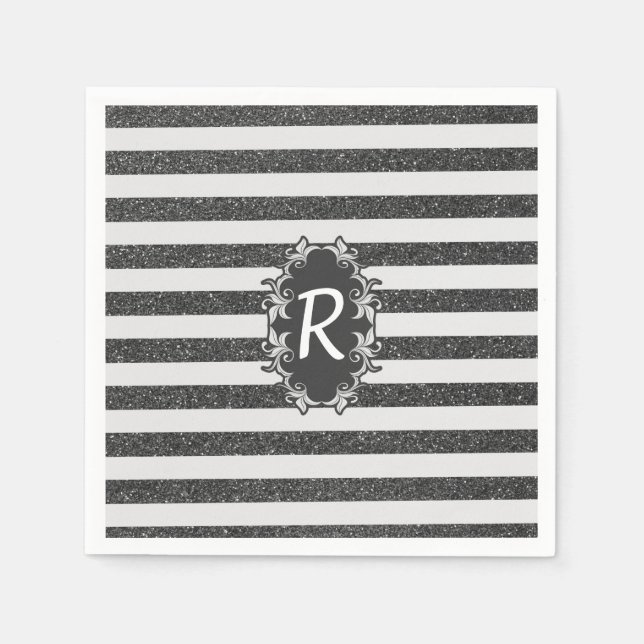 Chic black white faux glitter stripes monogram napkins (Front)