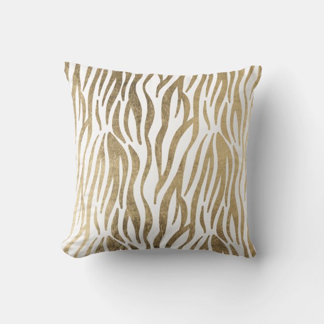 Chic black white faux gold zebra animal print throw pillow (Front)