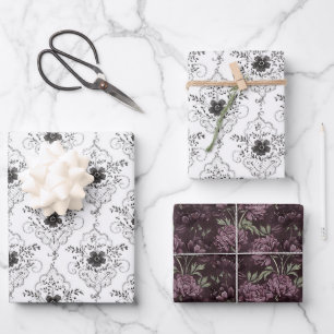 Chic Black & White Faux Lace Flowers Bridal Shower Wrapping Paper Sheets