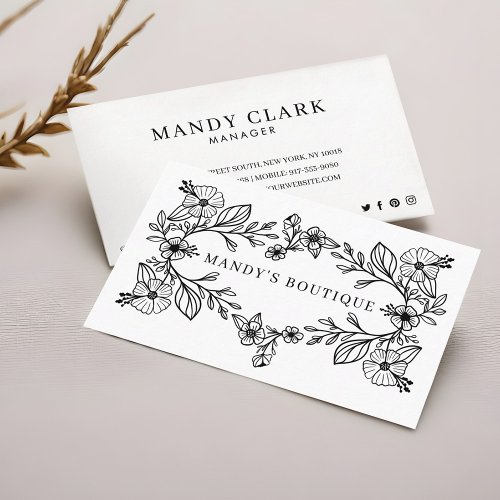 Chic Black  White Floral Botanical Floral Wreath  Business Card