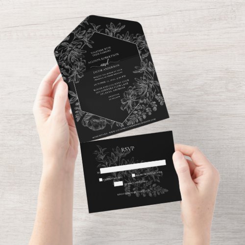 Chic Black White Floral Botanical Wedding All In One Invitation