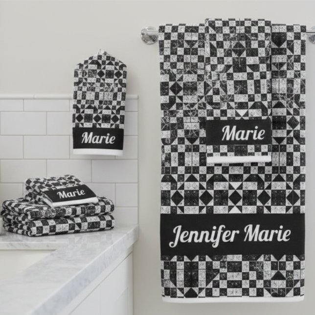 Chic Black & White Floral Checkerboard Custom Name Bath Towel Set (Creator Uploaded)