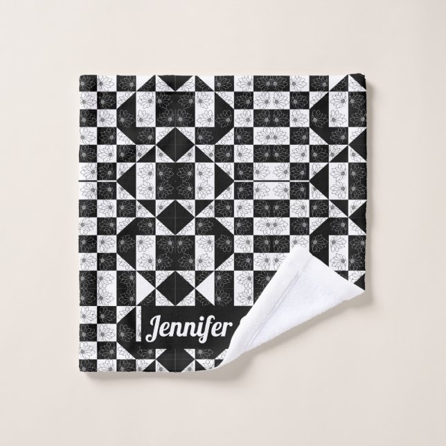 Chic Black & White Floral Checkerboard Custom Name Wash Cloth (Wash Cloth)