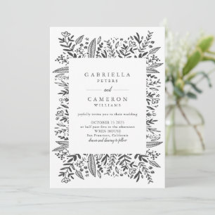 Chic Black White Floral Line Art Drawing Wedding Invitation