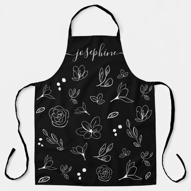 Chic Black White Floral Minimal personalized Apron (Front)