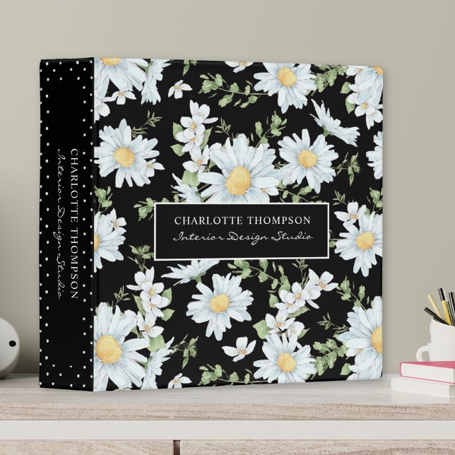 Chic Black White Floral Personalized Name Gift 3 Ring Binder (Creator Uploaded)