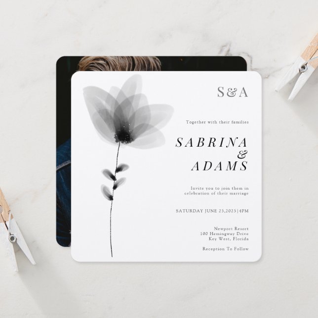 Chic Black White Floral Photo Monogrammed Wedding Invitation (Front/Back In Situ)