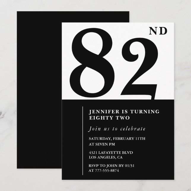 Chic Black White for her 82nd birthday Invitation (Front/Back)