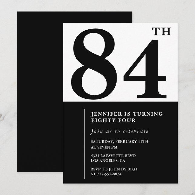 Chic Black White for her 84th birthday Invitation (Front/Back)
