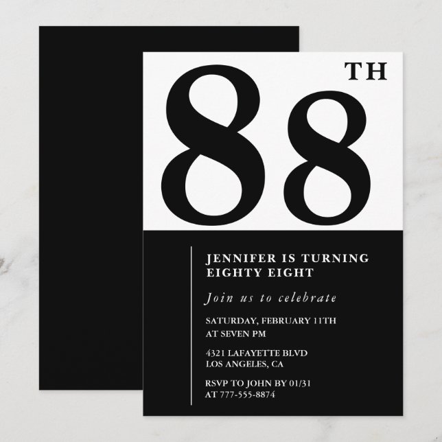 Chic Black White for her 88th birthday Invitation (Front/Back)