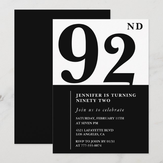 Chic Black White for her 92nd birthday Invitation (Front/Back)