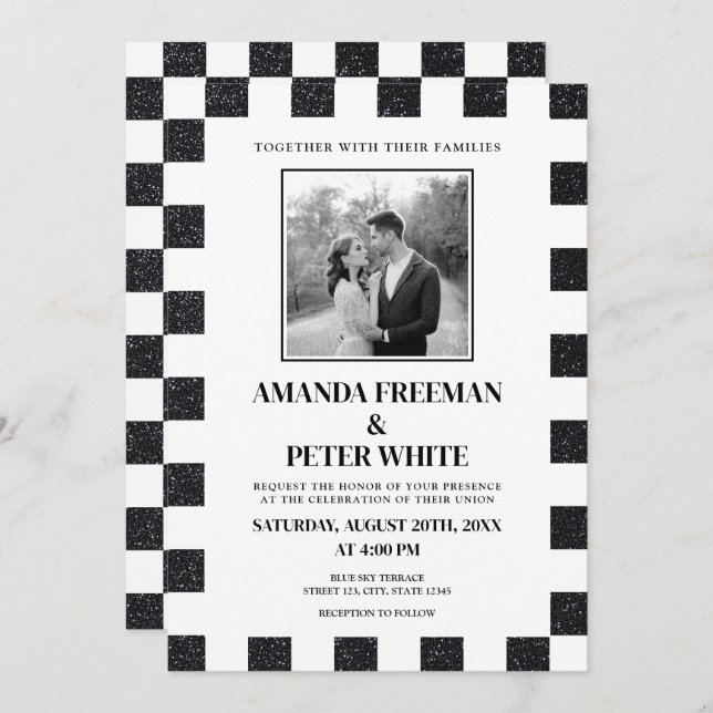 Chic Black & White Glitter Checkerboard Wedding Invitation (Front/Back)