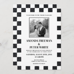 Chic Black & White Glitter Checkerboard Wedding Invitation