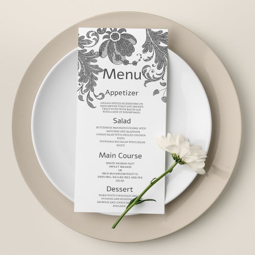 Chic black white glitter floral lace Wedding Menu