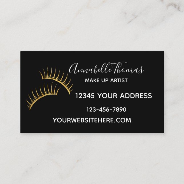 Chic Black White Gold Eyelashes Business Card (Front)
