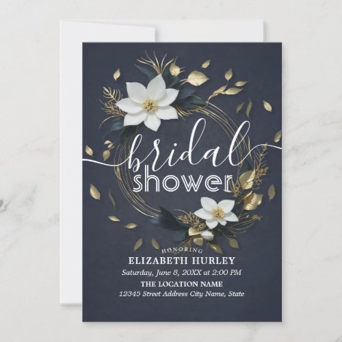 Chic Black White Gold Floral Wreath Bridal Shower Invitation