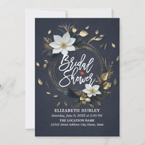 Chic Black White Gold Floral Wreath Bridal Shower Invitation