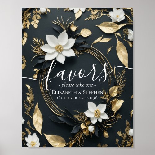 Chic Black White Gold Floral Wreath Wedding Favors Poster