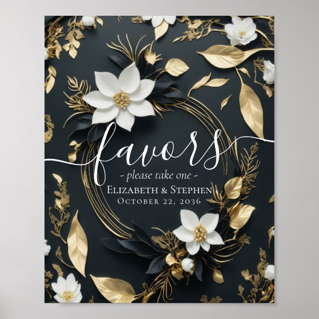 Chic Black White Gold Floral Wreath Wedding Favors Poster (Front)