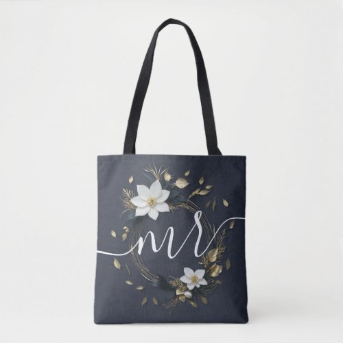 Chic Black White Gold Floral Wreath Wedding Groom Tote Bag