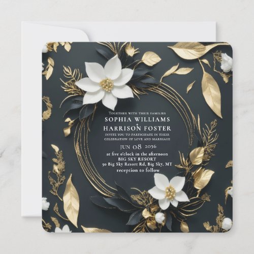 Chic Black White Gold Floral Wreath Wedding Photo Invitation