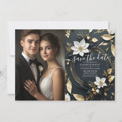 Chic Black White Gold Floral Wreath Wedding Photo Save The Date