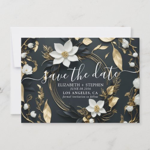 Chic Black White Gold Floral Wreath Wedding Photo Save The Date