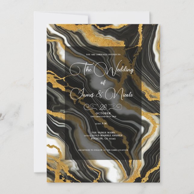  Chic Black White Gold Marble Look Glam Wedding  Invitation (Front)