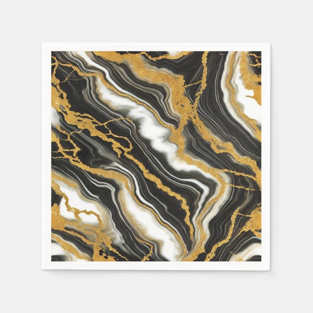  Chic Black White Gold Marble Look Glam Wedding  Napkins (Front)