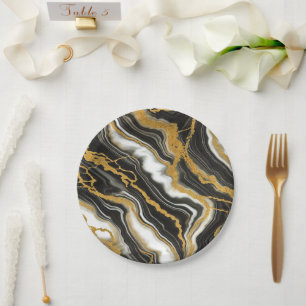 Chic Black White Gold Marble Look Glam Wedding Paper Plates