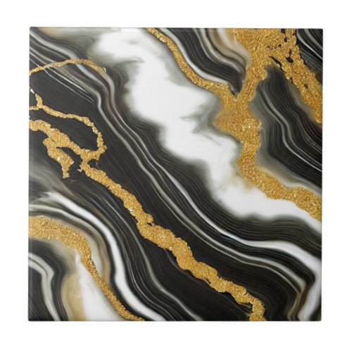  Chic Black White Gold Marble Look Glamour Ceramic Tile