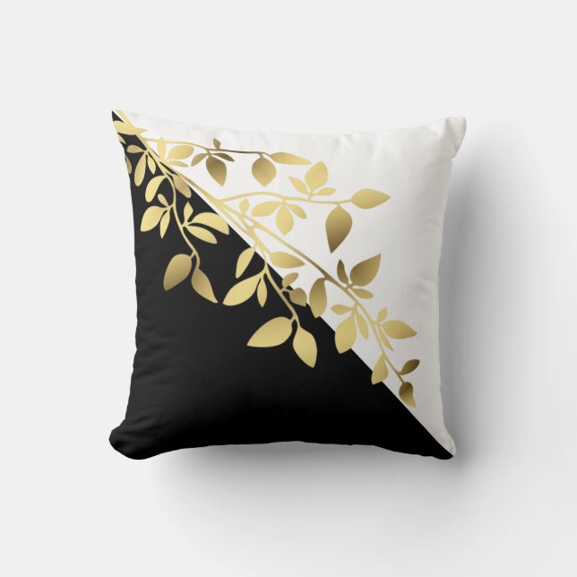 Chic black white gold metallic effect leaf branch throw pillow (Front)